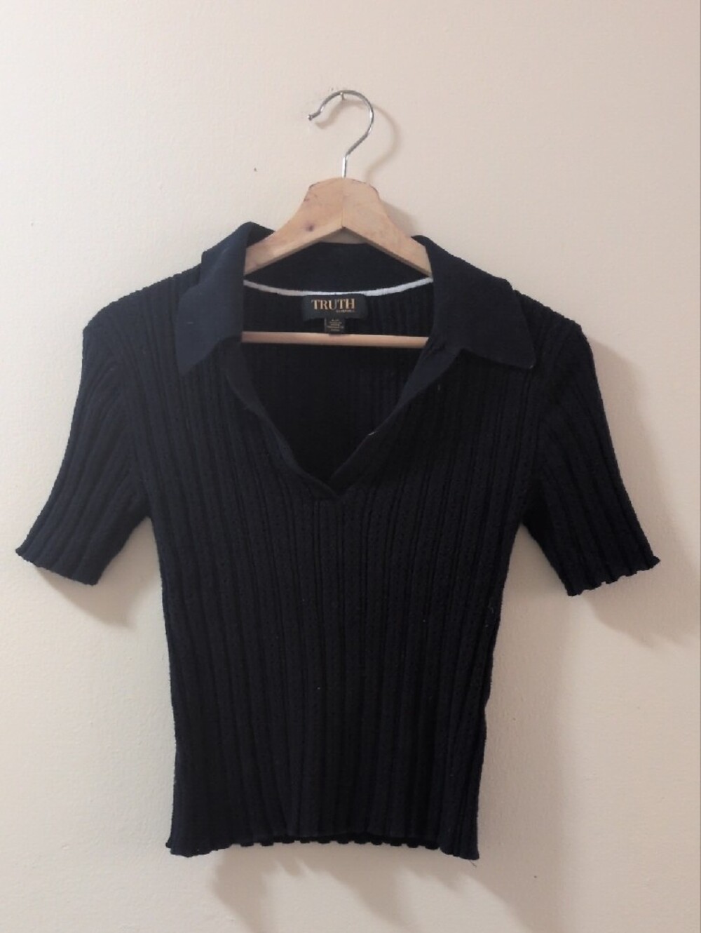 TRUTH By Republic Navy Ribbed Polo V‑Neck Short Sleeve Top - Size S
